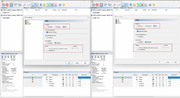CANAnalyzer screenshot with configuration