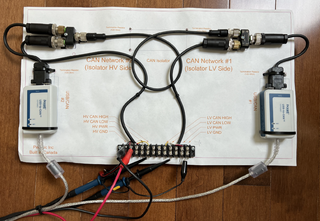 CAN Testing Setup: one network, Two nodes, Oscilloscope connection